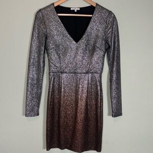 Charlotte Russe Ombre Long Sleeve Metallic Mini Dress-Silver/Copper-Women Small